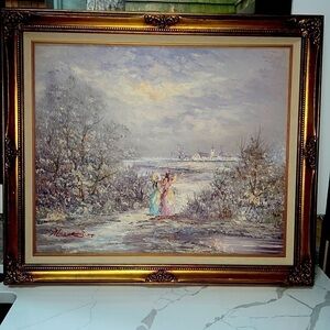 Marie Charlot Oil on Canvas Signed Coastal View With Figures Fully Framed
